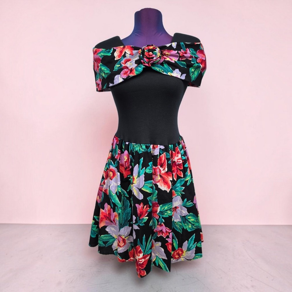 Vintage Byer Too! 80s Off Shoulder Floral Rose Fit Flare Dress Black Multi Sz 3